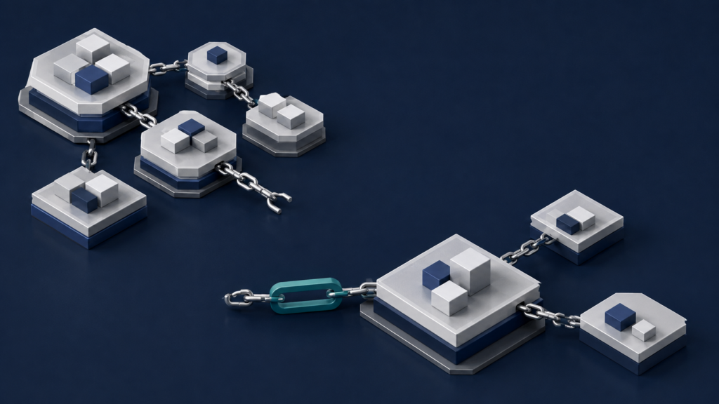 Power Platform delivery ownership represented by a repaired link connecting fragmented delivery pods to one accountable route.
