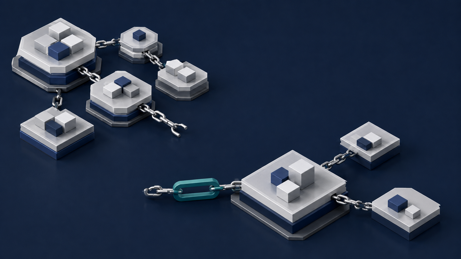 Power Platform delivery ownership represented by a repaired link connecting fragmented delivery pods to one accountable route.