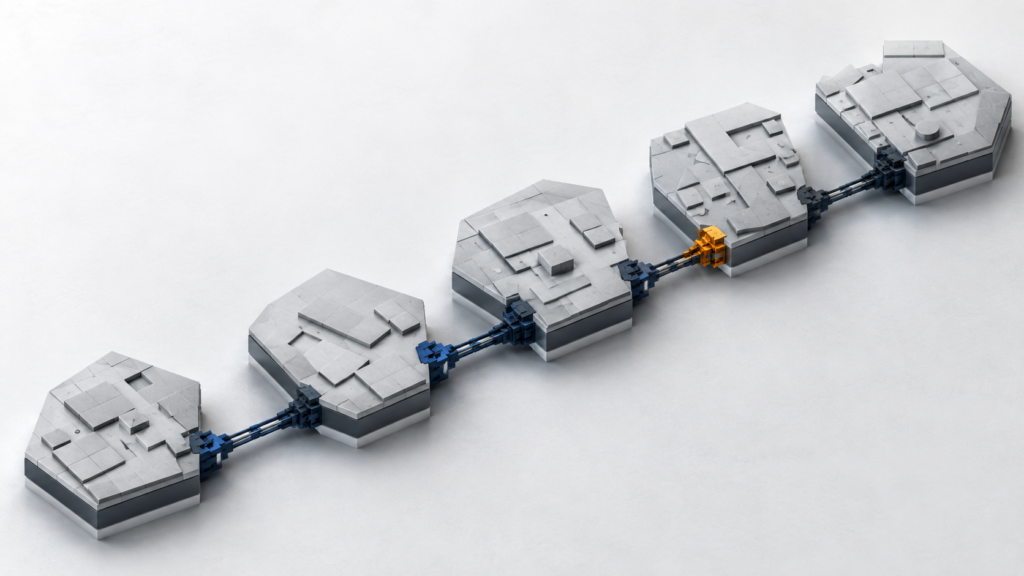 Power Platform delivery standardization depicted as fragmented team modules aligned by one connecting control spine
