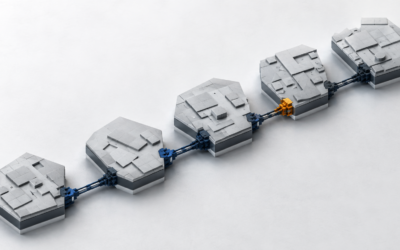 Power Platform delivery standardization depicted as fragmented team modules aligned by one connecting control spine