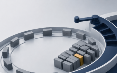 Power Platform backlog reviews shown as workload blocks recirculating around a decision mechanism without leaving the queue.