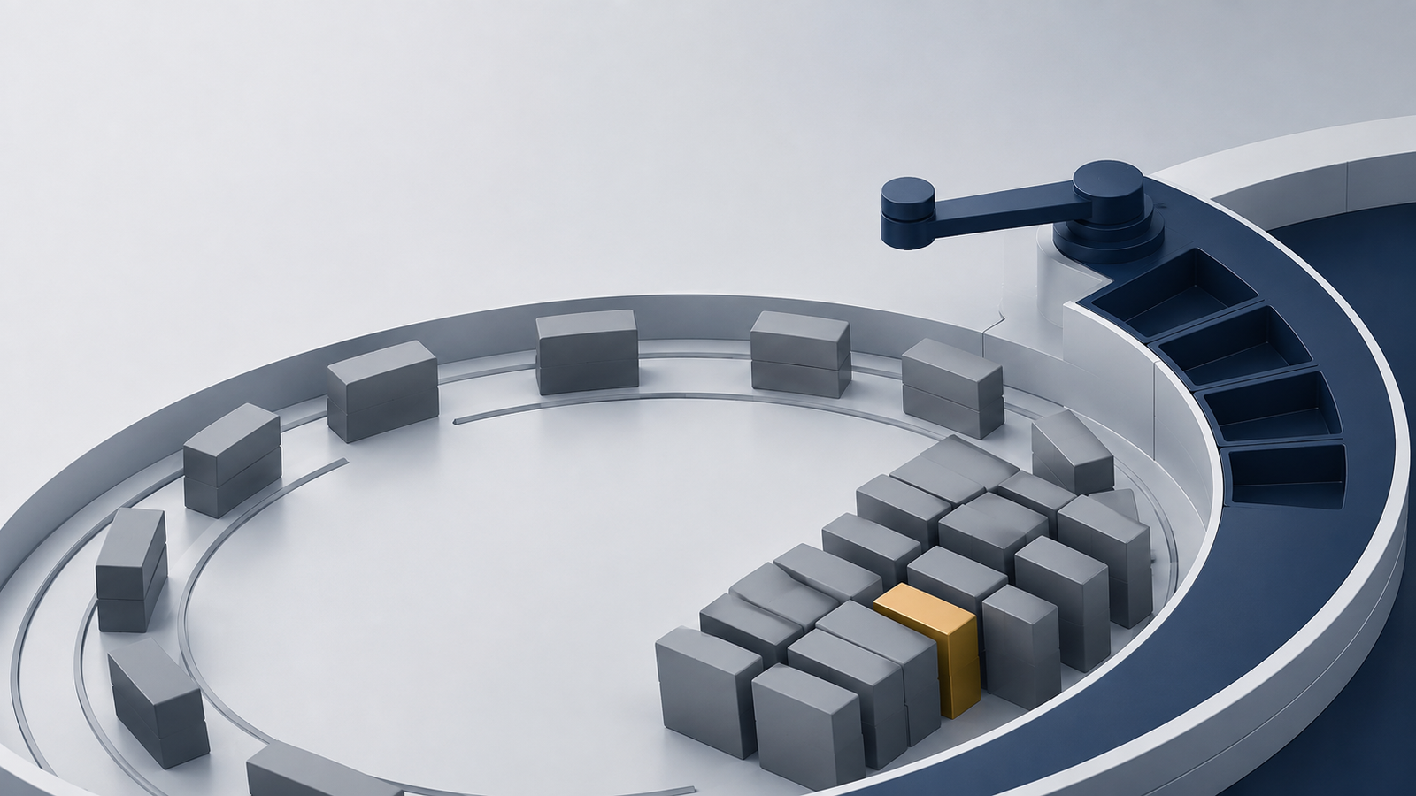 Power Platform backlog reviews shown as workload blocks recirculating around a decision mechanism without leaving the queue.