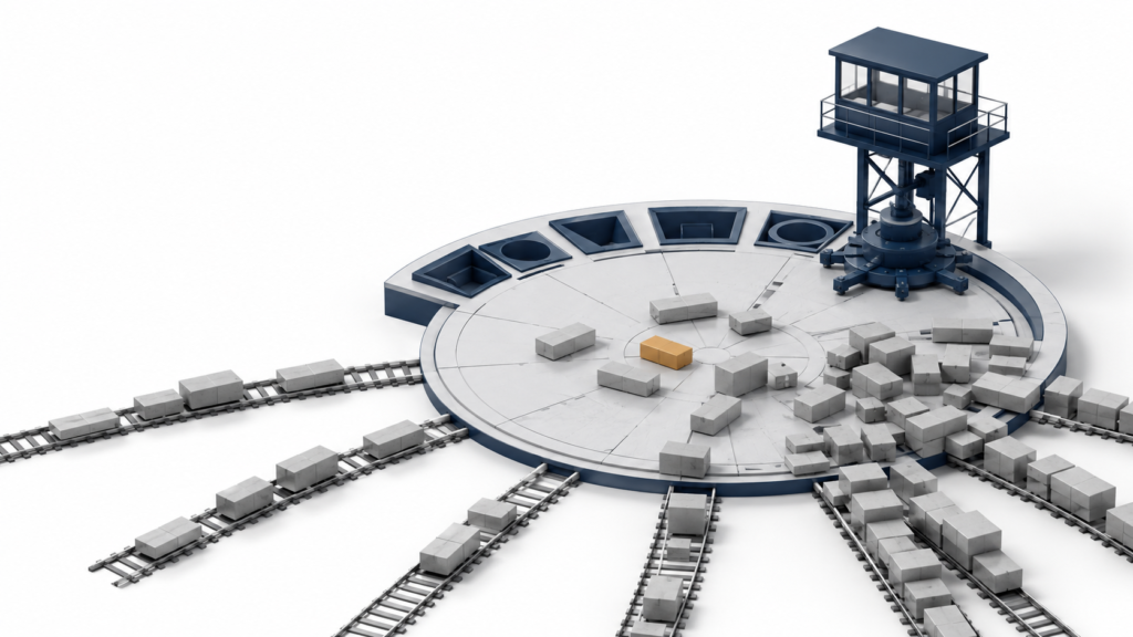 Power Platform intake ownership depicted as an unstaffed control tower above an overloaded circular request yard.