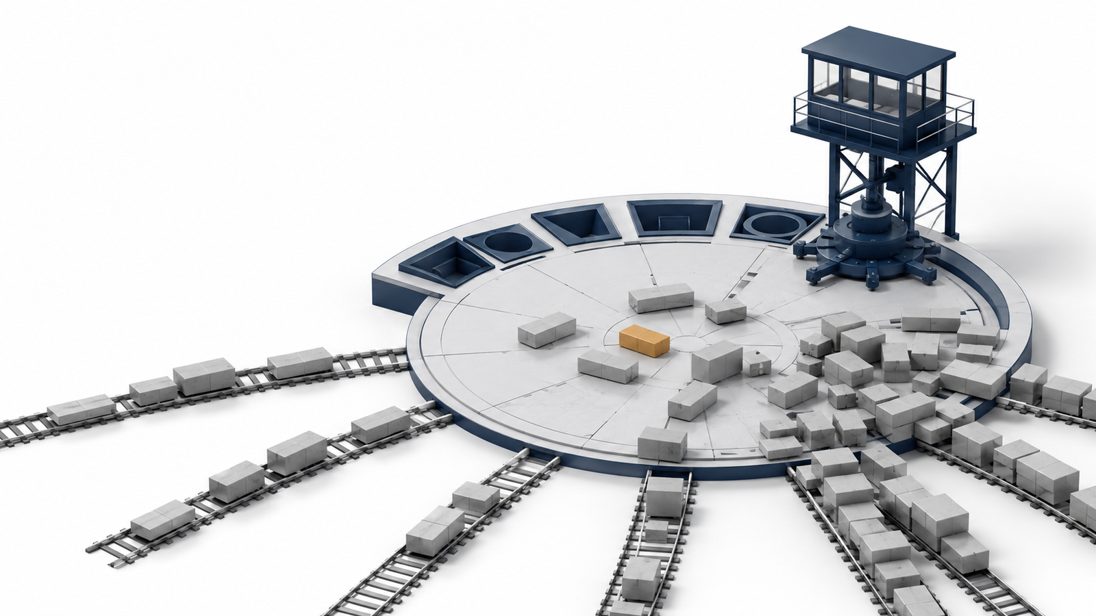 Power Platform intake ownership depicted as an unstaffed control tower above an overloaded circular request yard.
