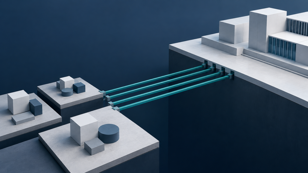Copilot production readiness shown as controlled pathways connecting pilot zones with governed production zones