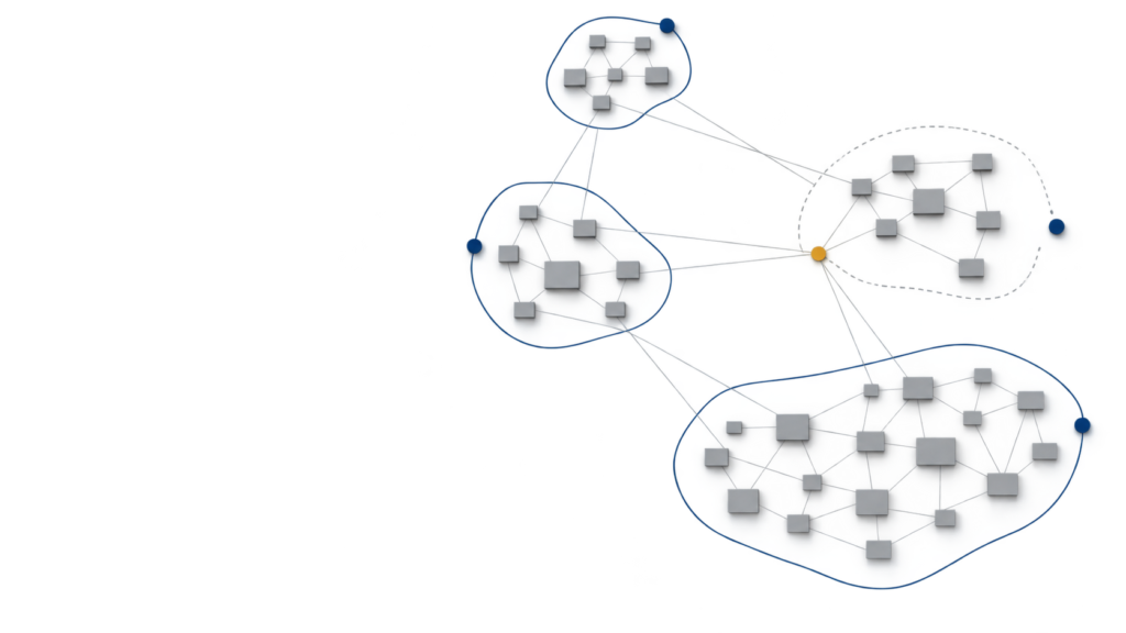 Power Platform environment sprawl represented by linked environment clusters with ownership boundaries and legacy dependencies.