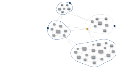 Power Platform environment sprawl represented by linked environment clusters with ownership boundaries and legacy dependencies.