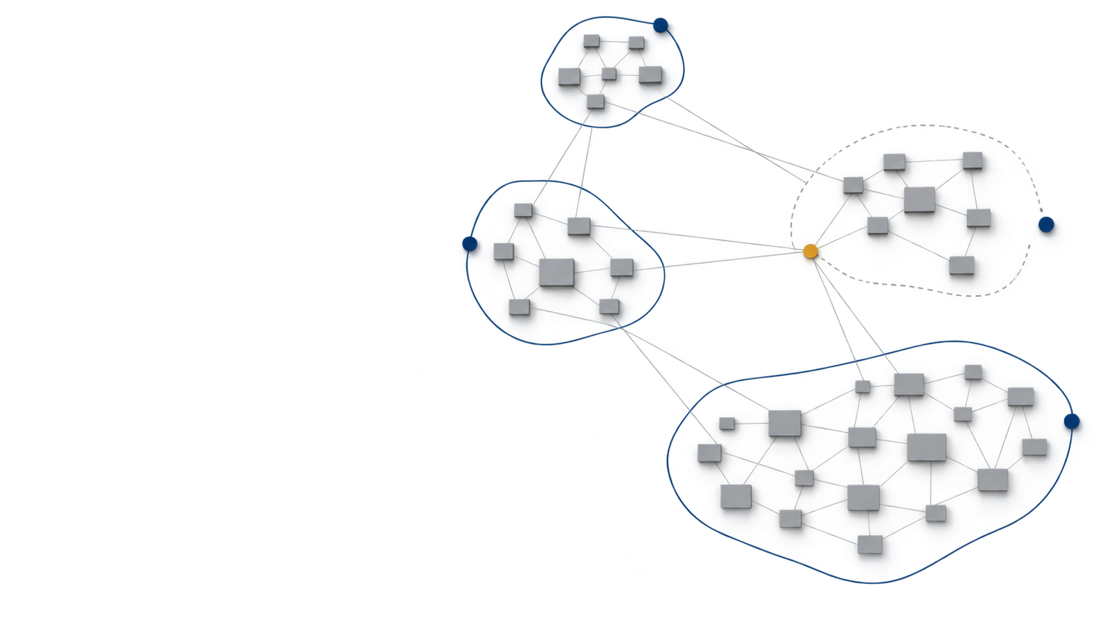 Power Platform environment sprawl represented by linked environment clusters with ownership boundaries and legacy dependencies.