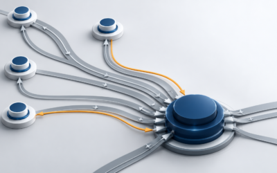 Power Platform decision rights shown as distributed approval nodes reducing pressure on one overloaded central authority.