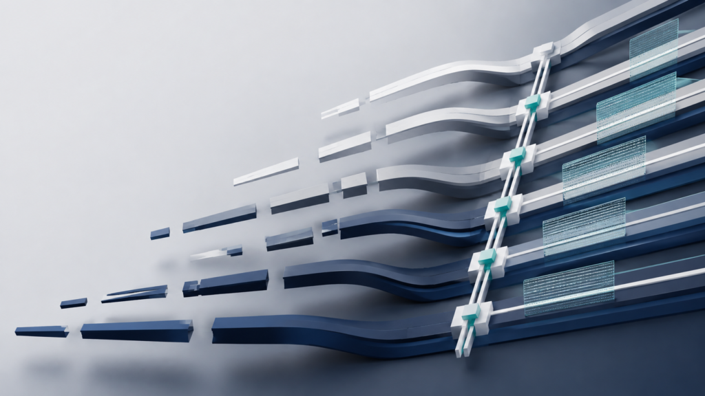 Power Platform KPI governance shown as fragmented reporting streams aligned within a controlled layered structure.
