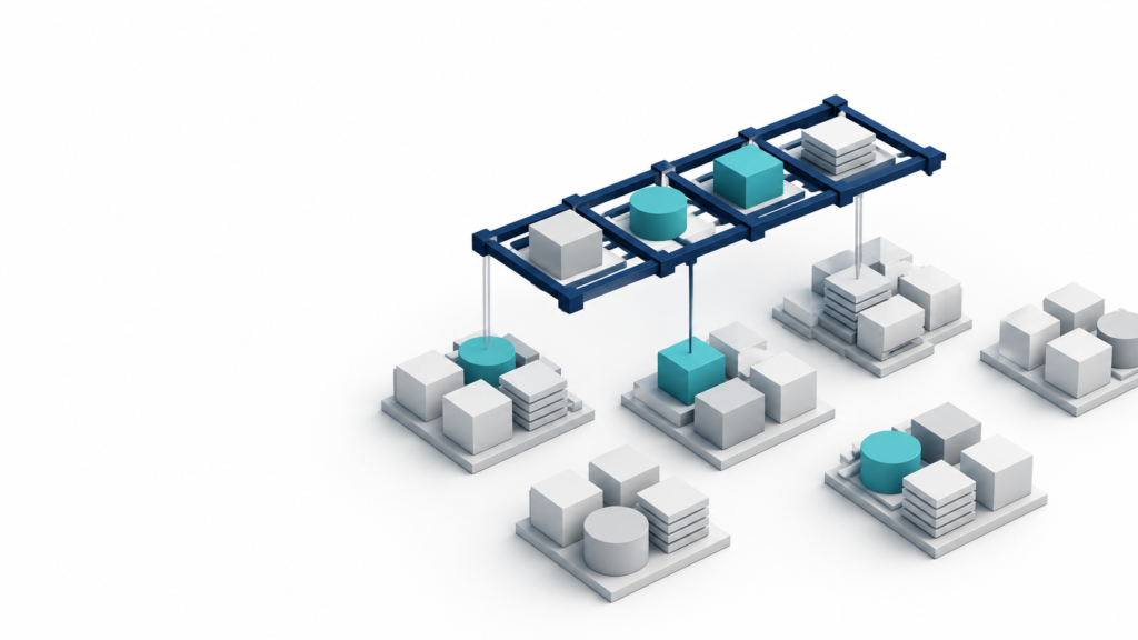 Power Platform automation governance shown through duplicate geometric modules converging into a shared reusable structure.