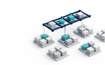 Power Platform automation governance shown through duplicate geometric modules converging into a shared reusable structure.